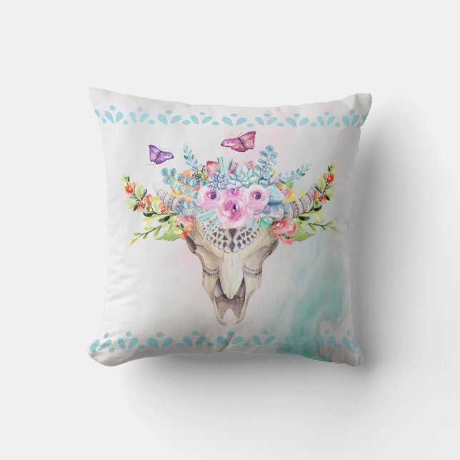 Coussin Crâne animal Boho avec papillons et fleurs (Recto)