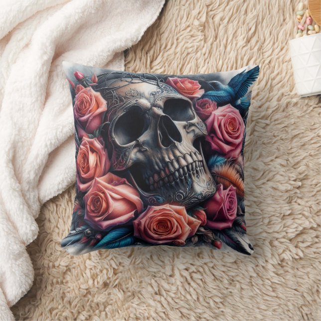 Coussin Crâne avec Roses et Bluebird (Couverture)