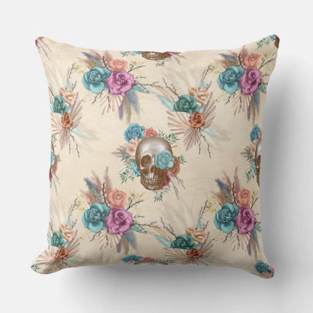 Coussin Crâne Boho avec fleurs (Recto)