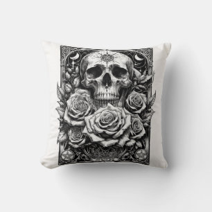 Coussin Crâne de squelette à pentacle et roses d'art de ta