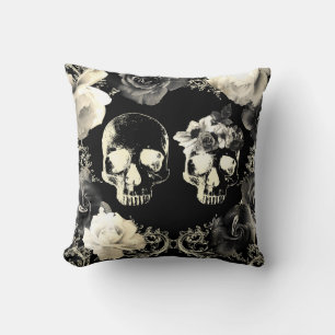Coussin Crâne de squelette gris crème noir gothique glamou