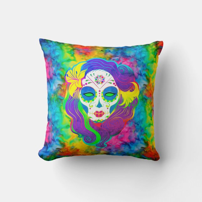 Coussin [Crâne de sucre psychédélique] Calavera à Cravate- (Recto)
