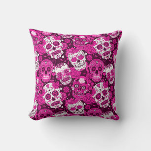 Coussin Crâne de sucre rose motif ornemental floral