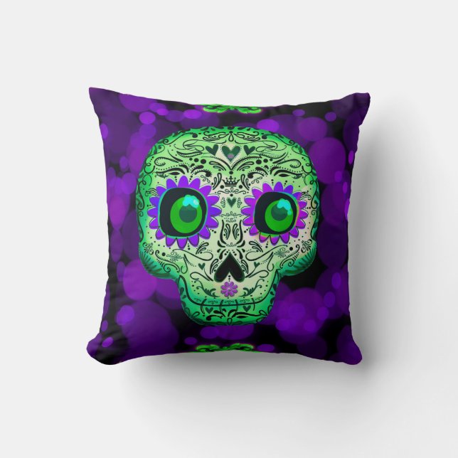 Coussin Crâne de sucre vert et pourpre brillant Halloween (Recto)