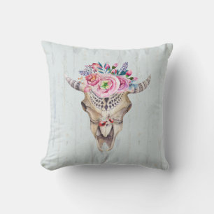 Coussin Crâne de taureau à l'aquarelle et roses colorées