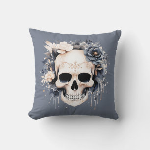 Coussin Crâne Décoré Fleurs Bleues et Blanches Halloween