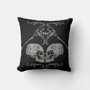 Coussin "Crâne en amour" Squelettes Vintage Noir