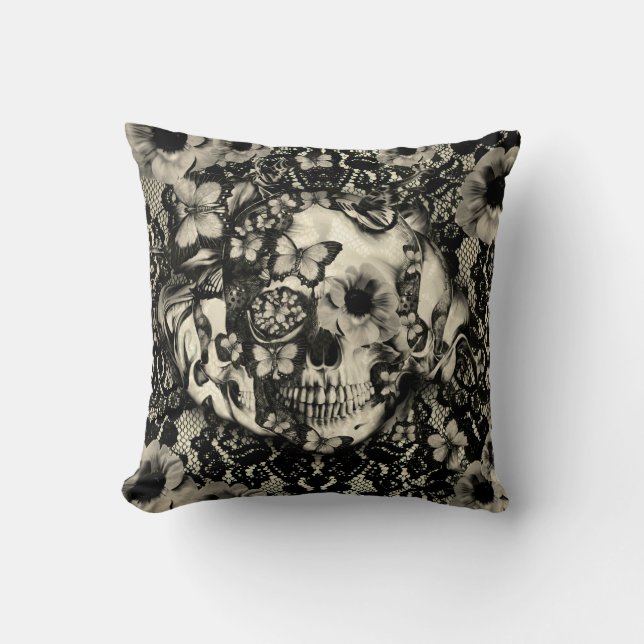 Coussin Crâne floral gothique victorien de dentelle (Recto)