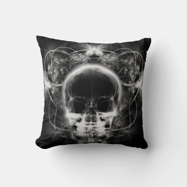 Coussin Crâne fractal à papillon X-Ray - B&W (Recto)