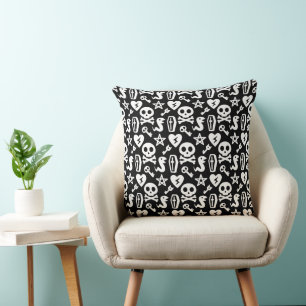 Coussin Crâne Mignon Noir Et Os Croisés Halloween