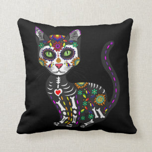Coussin Crâne sucre Chat mexicain Halloween Jour De La Mo