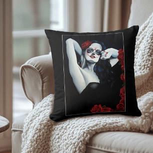Coussin Crânes à sucre Roses rouges Noir