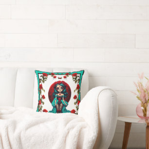Coussin Crânes de sucre avec roses sarcelles et rouges