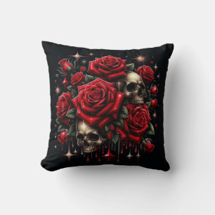 Coussin Crânes d'or et roses rouges étincelante gothique