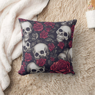 Coussin Crânes gothiques et Motif de roses rouges