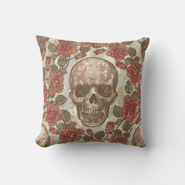 Coussin Crânes rétro et ornement Rose (Recto)