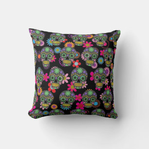 Coussin Crazy Sugar Skull et Fleurs Noir