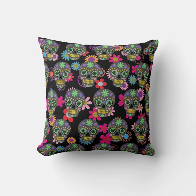 Coussin Crazy Sugar Skull et Fleurs Noir (Recto)