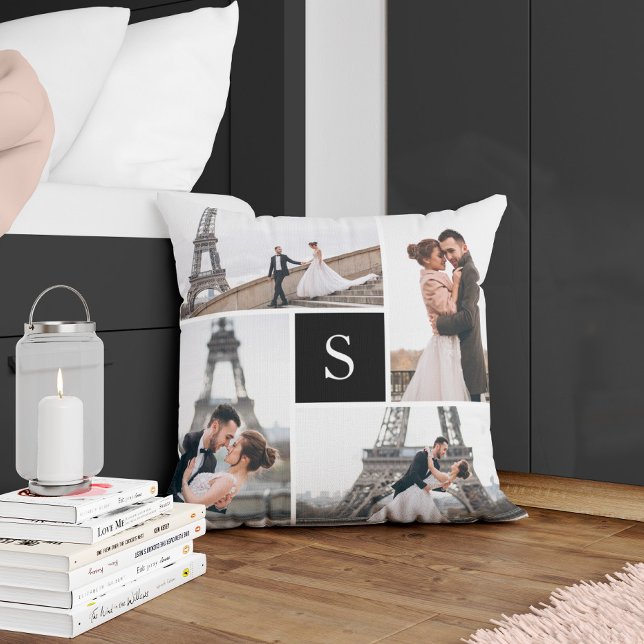 Coussin Créez votre propre collage de 5 photos à monogramm (Créateur téléchargé)