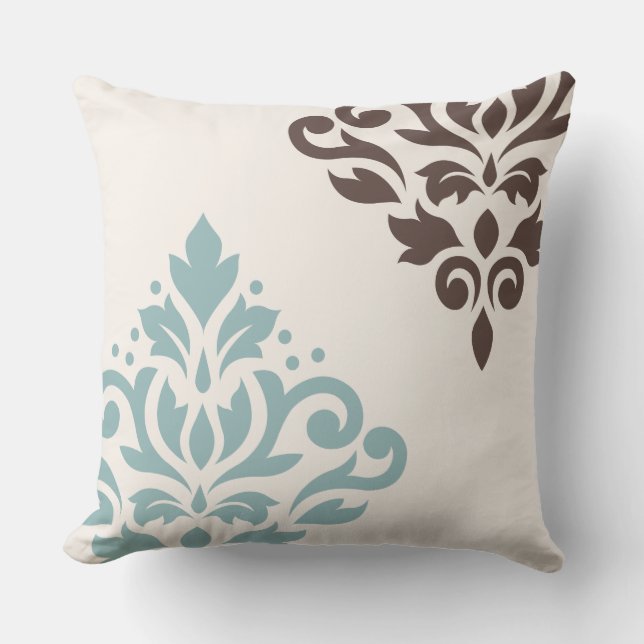 Coussin Crème Brown de l'art I Teal de damassé de rouleau (Recto)