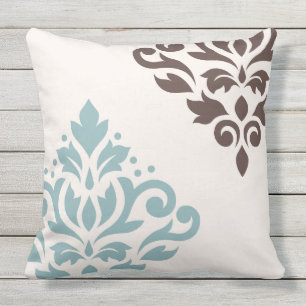Coussin Crème Brown de l'art I Teal de damassé de rouleau