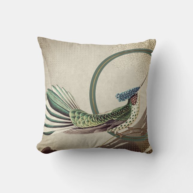 Coussin Crème et colibri vert | Ernst Haeckel Inspiré (Recto)