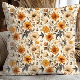 Coussin Crème Orange Marron Fleur Séchée Vintage