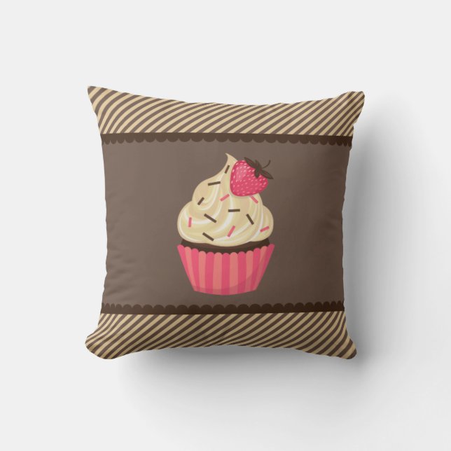 Coussin Crème rose Brown rayures fraise Cupcake (Recto)