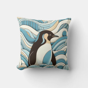 Coussin Crêpe Bleue Ciel Vagues Océaniques Et Pingouin Cut