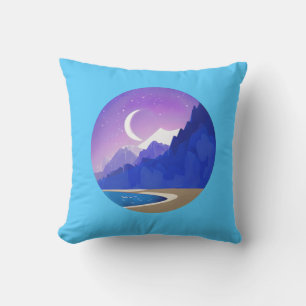 Coussin Crescent Moon, Lac et Montagnes en Violet & Bleu