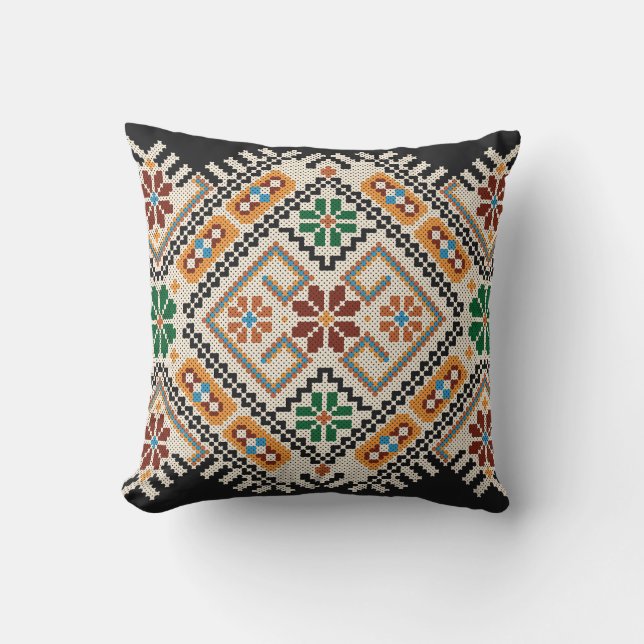 Coussin Crochet ukrainien : Motif artisanal ethnique. (Recto)
