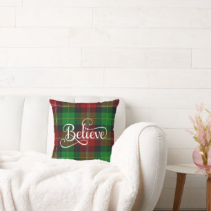 Coussin Croire Décoratif Blanc Script Rouge Vert Tartan
