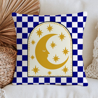 Coussin Croissant de Lune Bohème Jaune à Damier Bleu