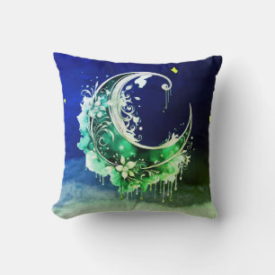 Coussin Croissant de lune étoilé Halloween vert et or