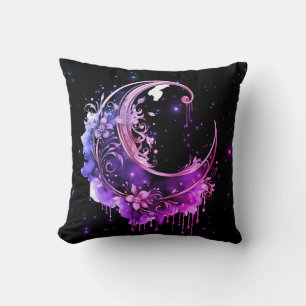 Coussin Croissant de lune noir et violet étoilé Halloween