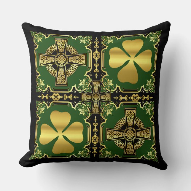 Coussin Croix celte irlandaise/shamrock noir/or/vert (Recto)