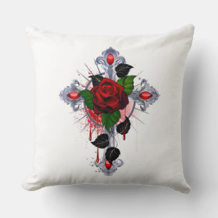 Coussin Croix d'argent avec une rose rouge