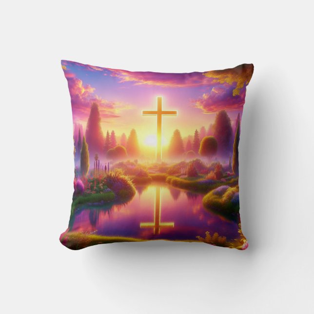 Coussin Croix d'or dans un jardin paradisiaque tropical (Recto)