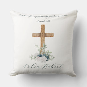 Coussin Croix en bois Fleurs blanches et bleues Verset bib