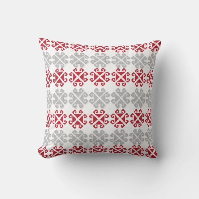 Coussin Croix géométrique rouge et gris letton (Recto)