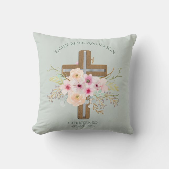 Coussin Croix rose florale Bouquet Girl Baptême Christenin (Recto)