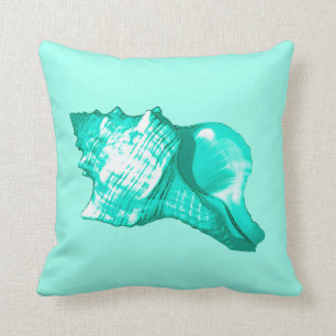 Coussin Croquis de coquille de conque - turquoise, blanc