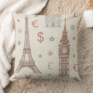 Coussin Croquis de monuments historiques du monde vintage