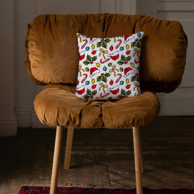 Coussin Croquis de Noël colorés Motif (Colorful Christmas Sketches Hand-Drawn Pattern Throw Pillow)