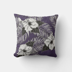 Coussin Croquis de palme d'Areca et d'Hibiscus à la main.