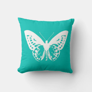 Coussin Croquis de papillon, turquoise et blanc