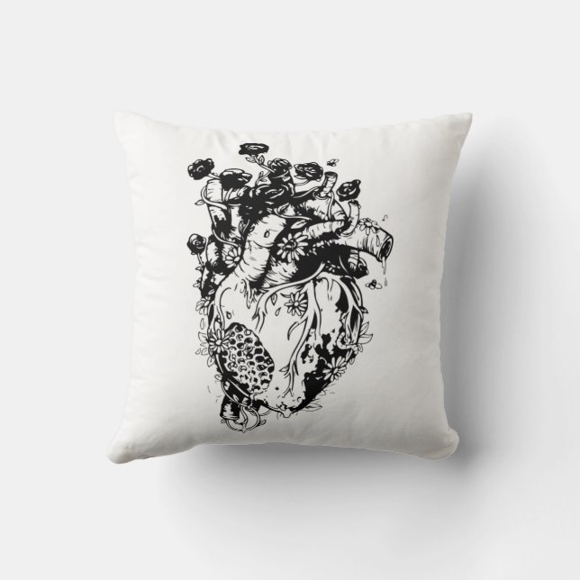 Coussin Croquis noir et blanc Plan Coeur et fleurs humains (Verso)