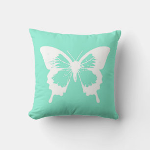 Coussin Croquis papillon, aqua et blanc