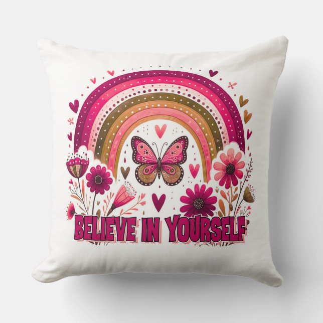 Coussin Croyez en vous-même Arc-en-ciel fleurs papillon Bo (Recto)