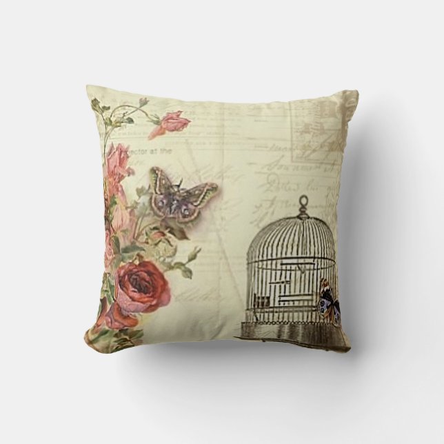 Coussin Cru avec la cage à oiseaux de roses (Recto)